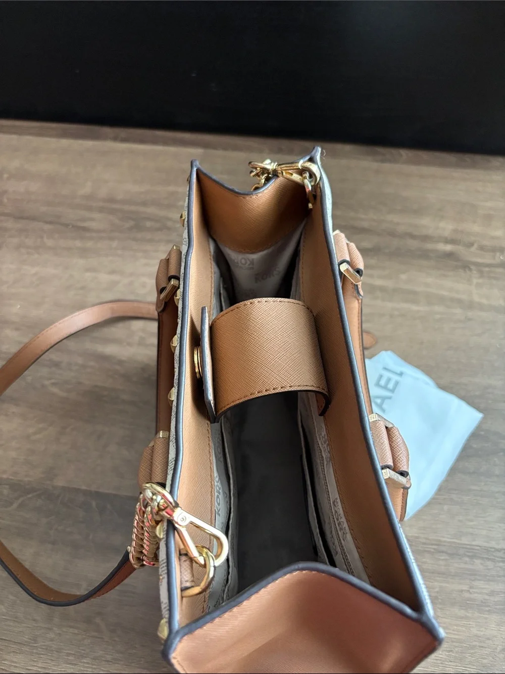 Michael Kors Vanilla and Tan Signature Studded Satchel